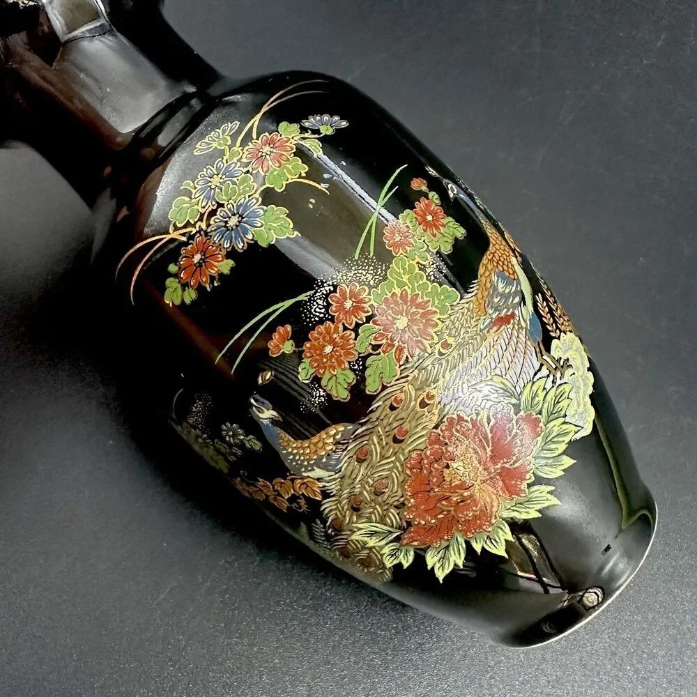 Vintage Japanese Kutani Chokin Style Black Porcelain Vase Peacock Floral Gold 6”